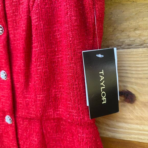 NWT Taylor Red Shimmer Tweed Holiday Dress Size 8 Gem Button Detail & Pockets - Picture 7 of 11